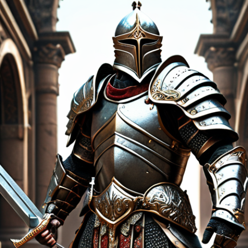 Home 13 **Warrior:** A heavily armored warrior clad in ornate, high-defense armor, wielding a powerful sword, standing triumphantly after defeating a challenging boss. Focus on strength and resilience.