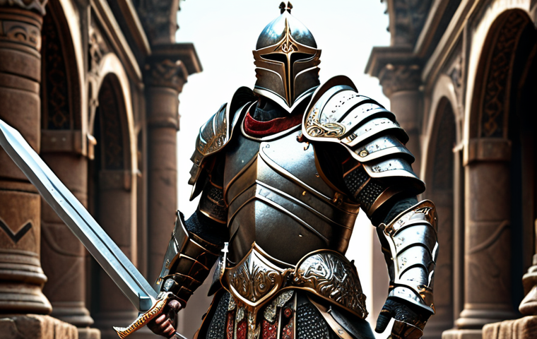 **Warrior:** A heavily armored warrior clad in ornate, high-defense armor, wielding a powerful sword, standing triumphantly after defeating a challenging boss. Focus on strength and resilience.