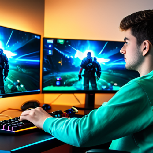 Home 8 A young adult gamer, fully clothed in comfortable, modest casual attire, is seated at a modern gaming desk, focused intently on a large monitor displaying the vibrant 'Lineage W' game interface. The gamer's expression is calm and engaged, reflecting a seamless and high-performance online experience. The room is softly lit with ambient blue and green gaming lights, hinting at a stable network connection. Background elements include gaming peripherals and a subtle, abstract representation of secure data flow. The overall mood is one of focused enjoyment and stability. professional photography, cinematic lighting, vibrant colors, detailed textures, perfect anatomy, correct proportions, natural pose, well-formed hands, proper finger count, natural body proportions, high quality, safe for work, appropriate content, fully clothed, modest, family-friendly.