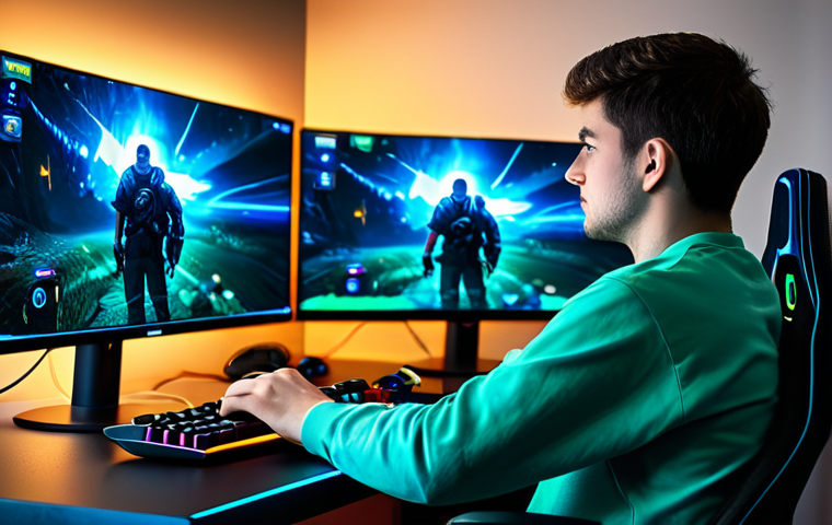 A young adult gamer, fully clothed in comfortable, modest casual attire, is seated at a modern gaming desk, focused intently on a large monitor displaying the vibrant 'Lineage W' game interface. The gamer's expression is calm and engaged, reflecting a seamless and high-performance online experience. The room is softly lit with ambient blue and green gaming lights, hinting at a stable network connection. Background elements include gaming peripherals and a subtle, abstract representation of secure data flow. The overall mood is one of focused enjoyment and stability. professional photography, cinematic lighting, vibrant colors, detailed textures, perfect anatomy, correct proportions, natural pose, well-formed hands, proper finger count, natural body proportions, high quality, safe for work, appropriate content, fully clothed, modest, family-friendly.